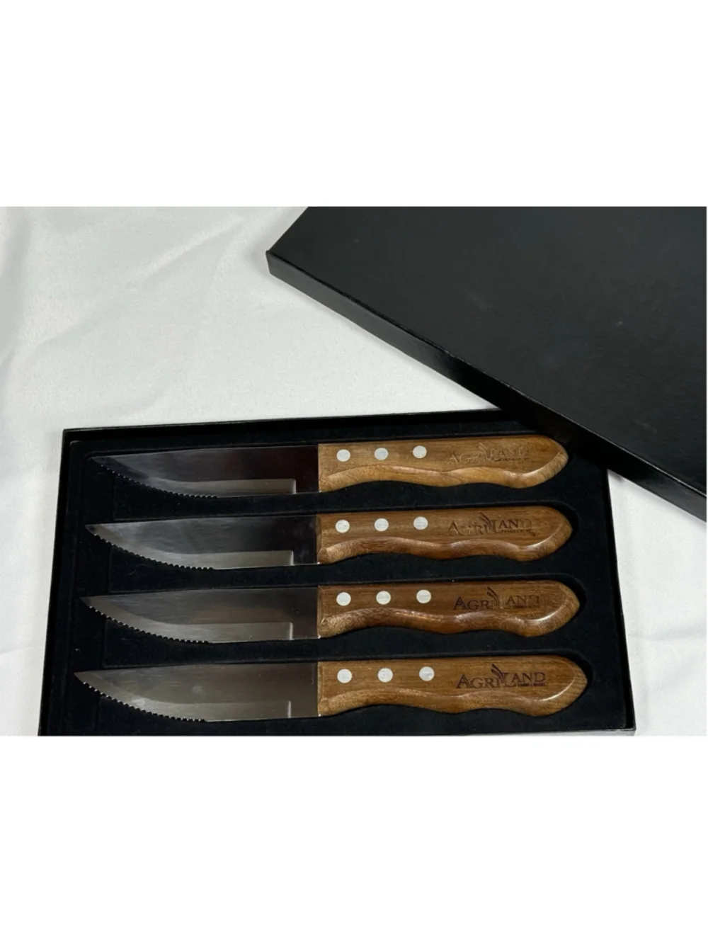 Agriland Farm Credit 4 Pc Steak Knife Set Wood Handles Serrated Blades Box Promo